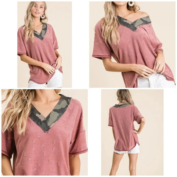 NWT BiBi boutique Distressed knit top camo raw edge v-neck dusty rose - Picture 1 of 11